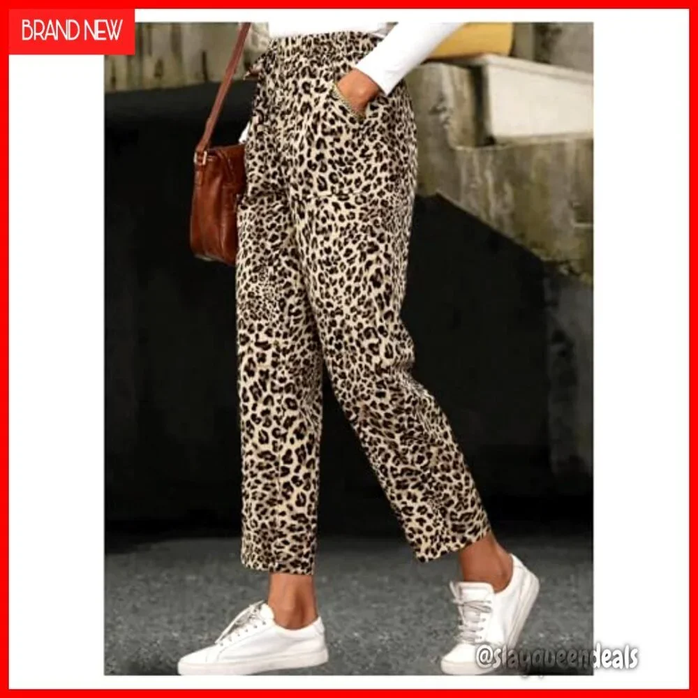 Women's Leopard Print Pants Elastic Waist Straight Leg Casual Trousers with